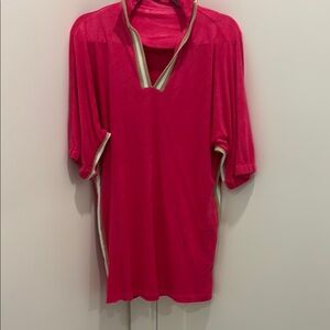 Women’s Hot Pink V-Neck Knit Dress with Contrast Trim